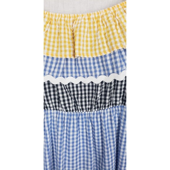 Gingham Maxi Dress M Colorblock Off Shoulder Scallop Ruffle Flowy Summer Casual - Picture 2 of 4
